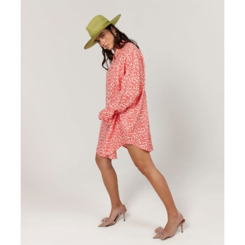 La Boheme Women’s Clyde Shirt Dress OS NWT Linen Ramie Tencel Coral Oat Leopard
